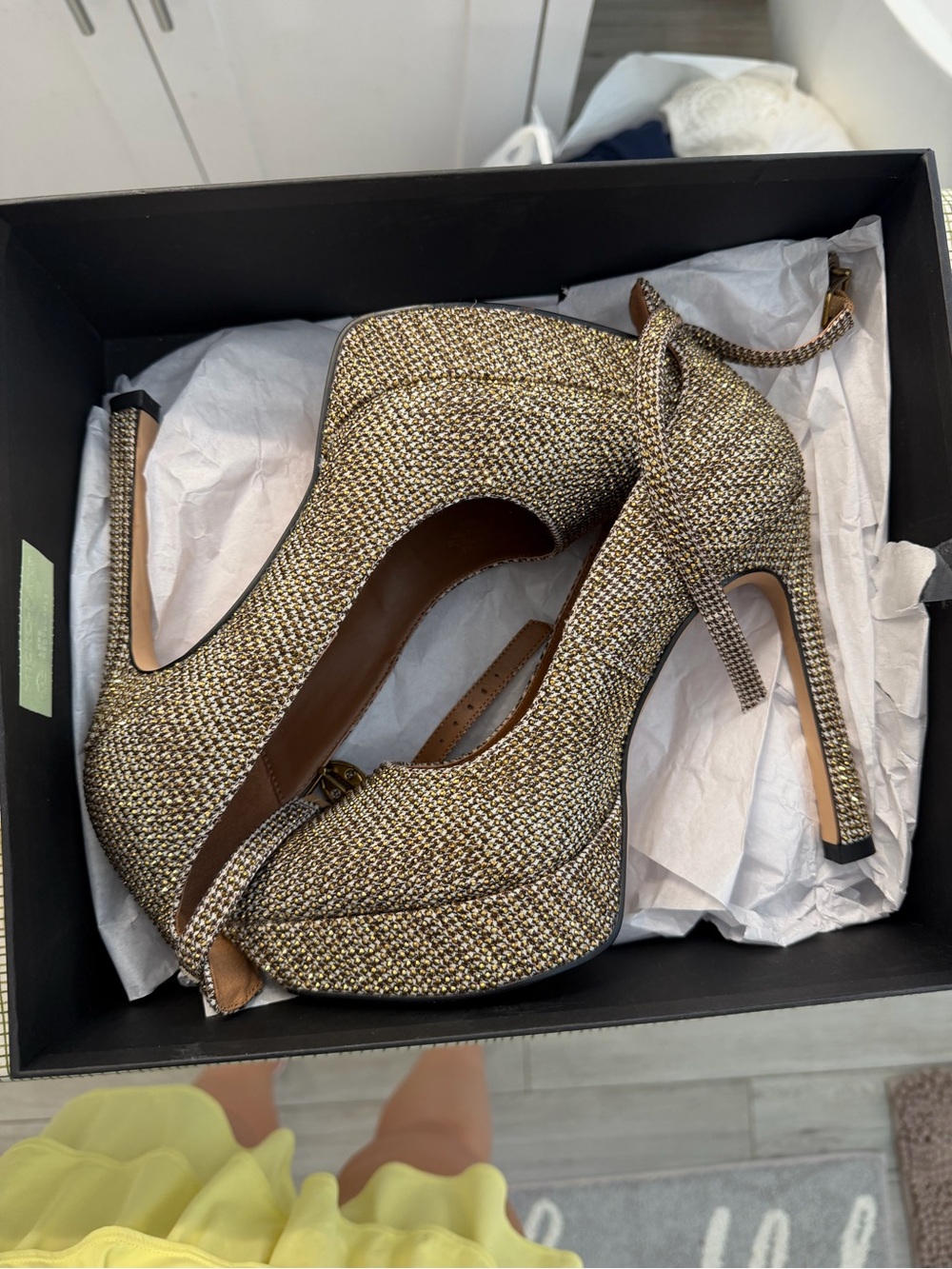 Kurt Geiger Gold Woven Platform Stiletto Pumps